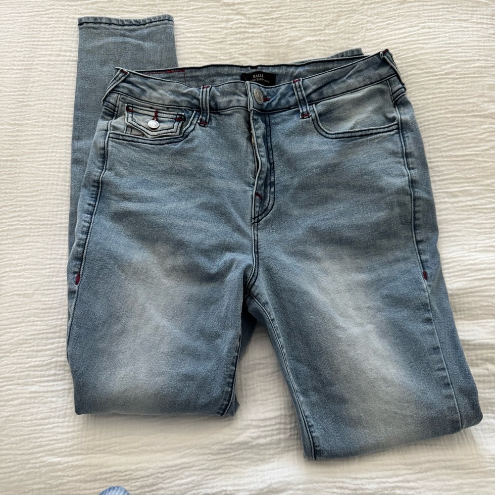 True Religion Halie high rise super skinny Light Blue Denim with Red Stitching